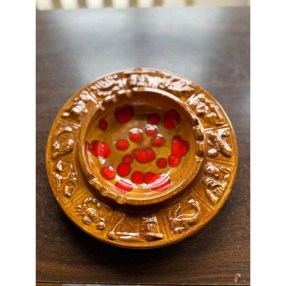 70s Ceramic Dish Ashtray Red Brown 1972 8.5" - Picture 1 of 5